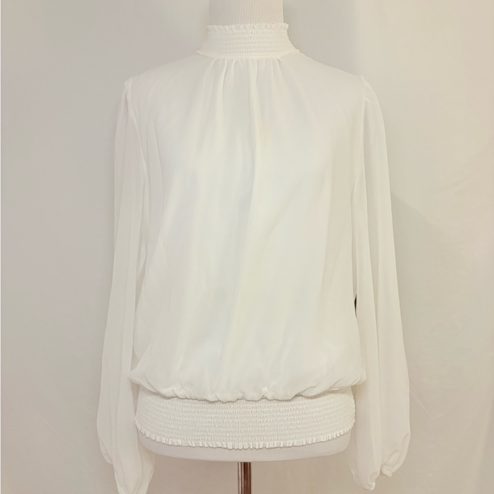 1. State White Pleated Blouse with Mandarin Collar